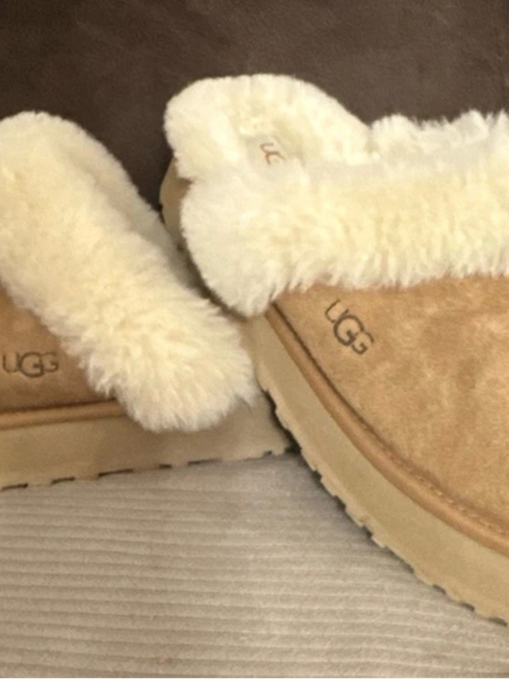 UGG Women's Chestnut Suede Shearling Clog Slippers with Cream Fur Trim